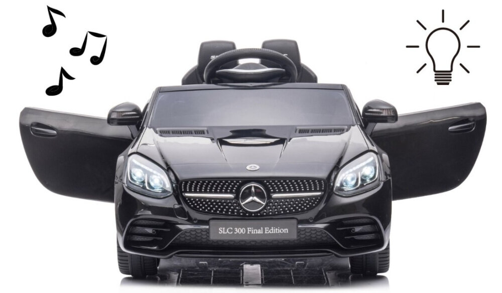 Samochód dla dziecka MILLY MALLY Mercedes-Benz SLC Czarny samochód na białym tle widoczny od przodu po bokach ikony muzyki i światła radość aktywność rozwój wyobraźnia