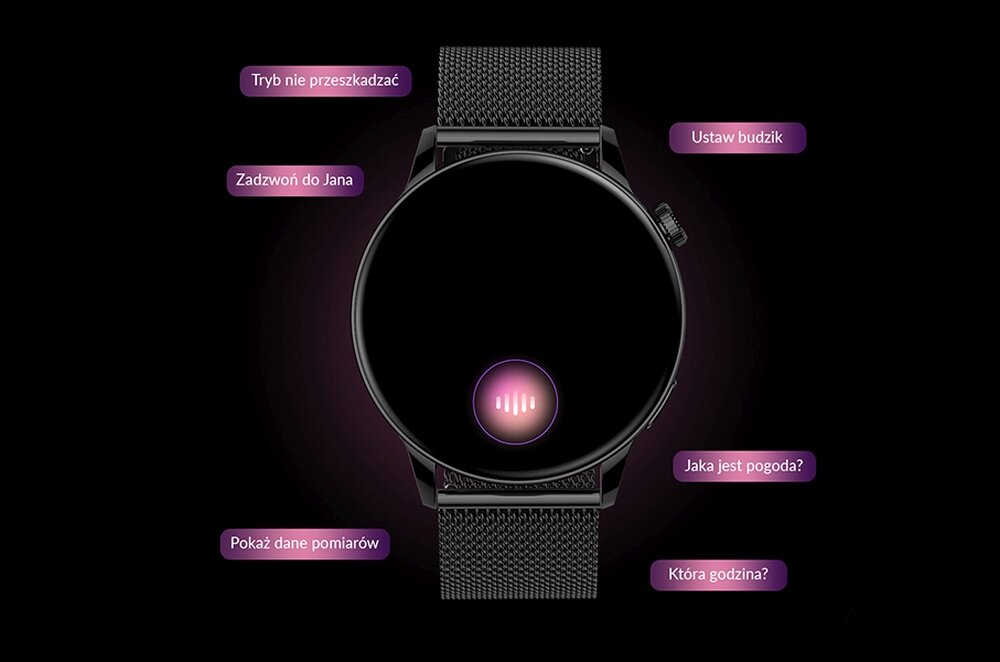 Smartwatch MAXCOM FW58 Vanad Pro wyświetlacz dopasowanie tarcza zdrowie saturacja krwi ciśnienie krwi sen monitoring oddech cykl menstruacyjny powiadomienia wiadomości alarmy jakość tryby sportowe długa praca