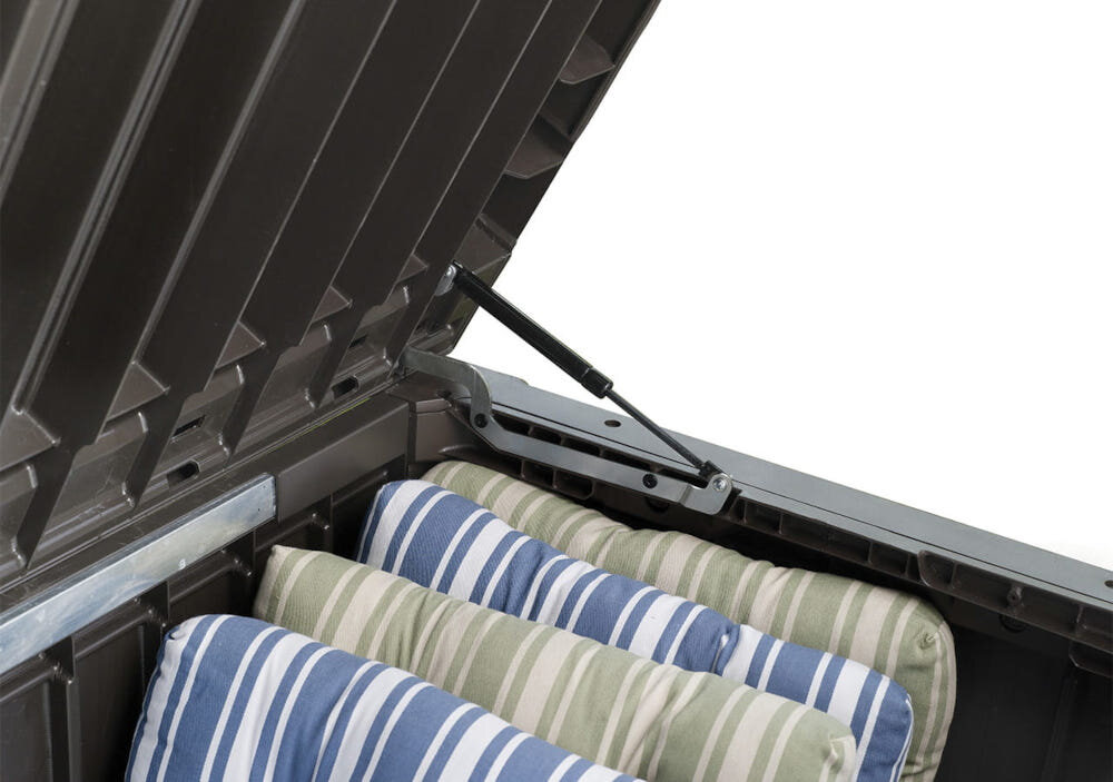 Skrzynia ogrodowa KETER Rockwood Storage Box570L Kremowy niewielki rozmiar 155 x 72.4 x 64.4 cm pojemność do 570 litrów mechanizm ułatwiający otwieranie pokrywy