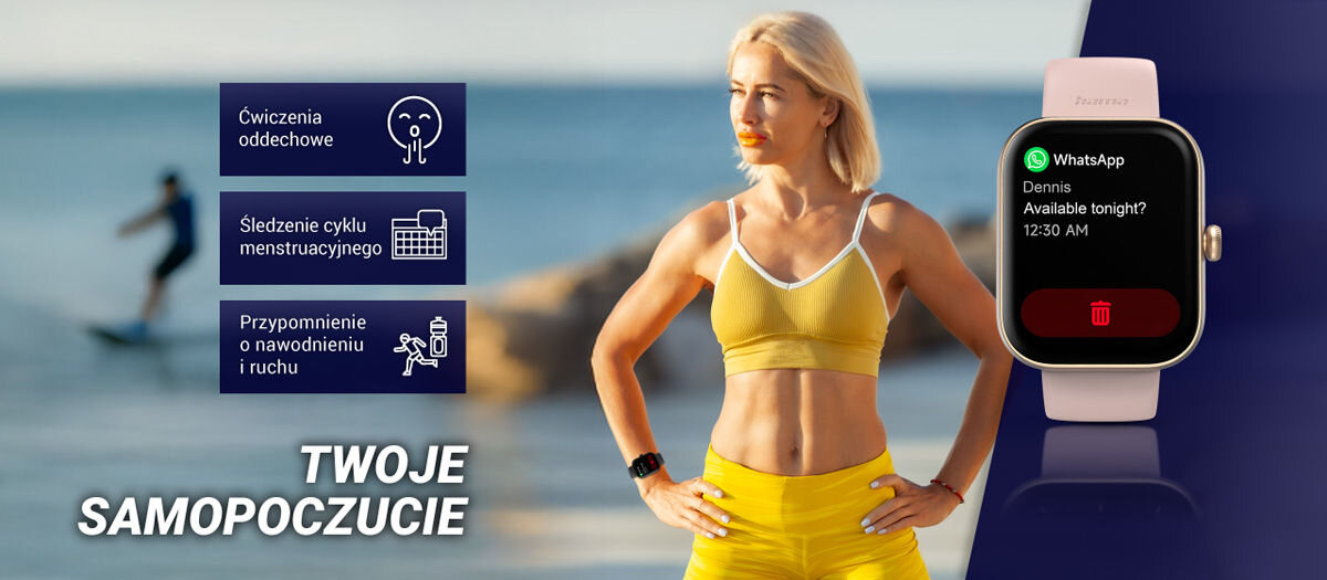 Smartwatch HAMA Fit Watch 5000 Samopoczucie i ćwiczenia relaksacyjne ćwiczeia oddechowe śledzenie cyklu menstruacyjnego przypomnienie o nawodnieniu i ruchu