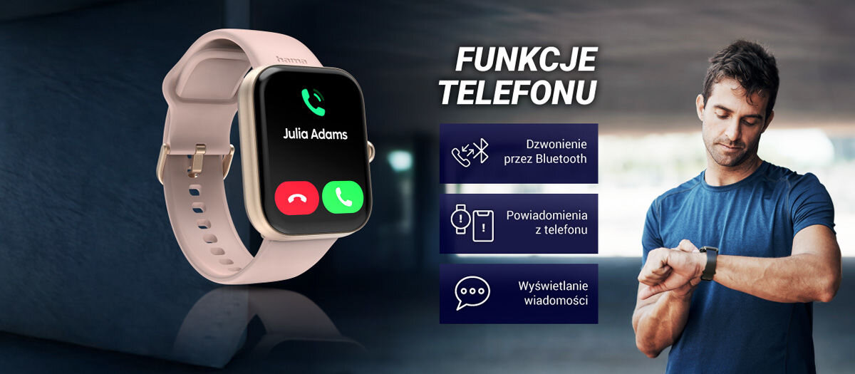 Smartwatch HAMA Fit Watch 5000 Funkcje telefonu dzwonienie przez bluetooth powiadomienia z telefonu wyświetlanie wiadomości