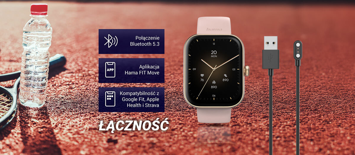 Smartwatch HAMA Fit Watch 5000 Łączność i aplikacja połączenie bluetooth 5.3 aplikacja hama fit move kompatybilnośc z google fit apple health i strava