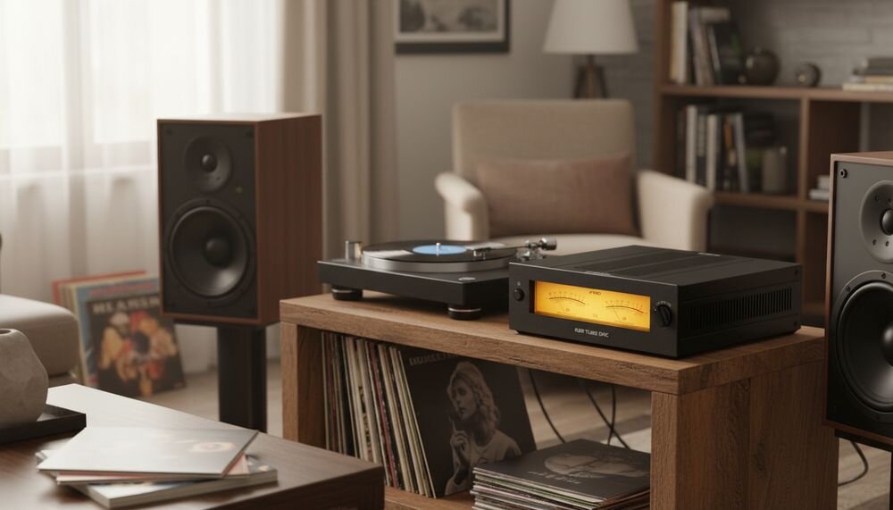 Przetwornik C/A FIIO Warmer R2R z lampami próżniowymi i analogowymi wskaźnikami VU w stylu vintage, urządzenie na komodzie w pomieszczeniu