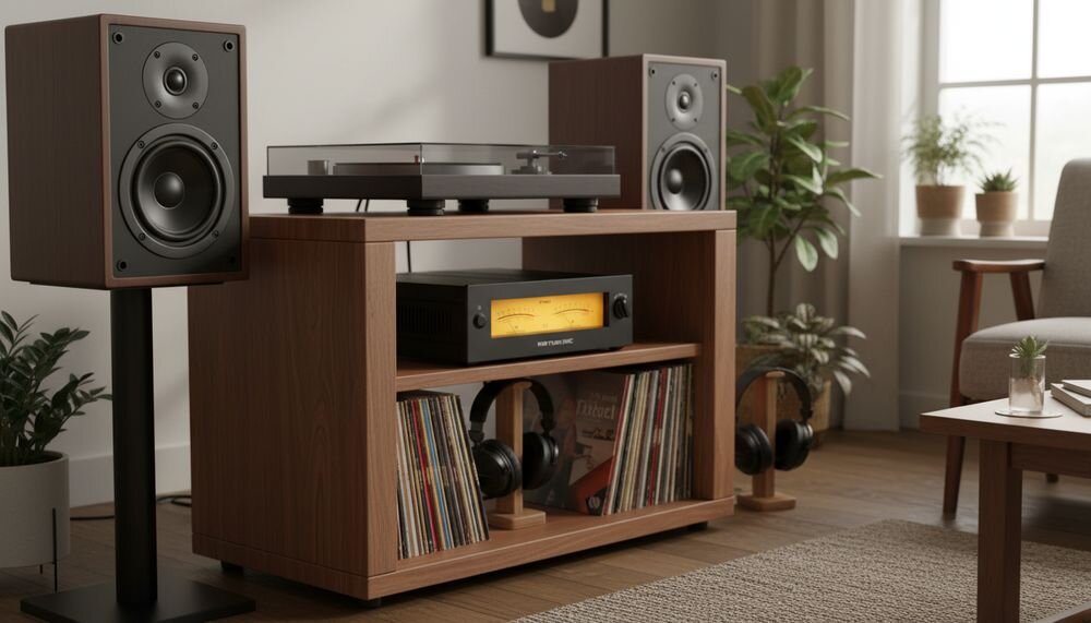 Przetwornik C/A FIIO Warmer R2R dwa analogowe wskaźniki VU podświetlenie LED styl vintage, urządzenie na komodzie w pomieszczeniu