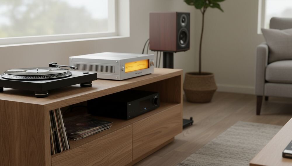 Przetwornik C/A FIIO Warmer R2R z lampami próżniowymi i analogowymi wskaźnikami VU w stylu vintage, urządzenie na komodzie w pomieszczeniu