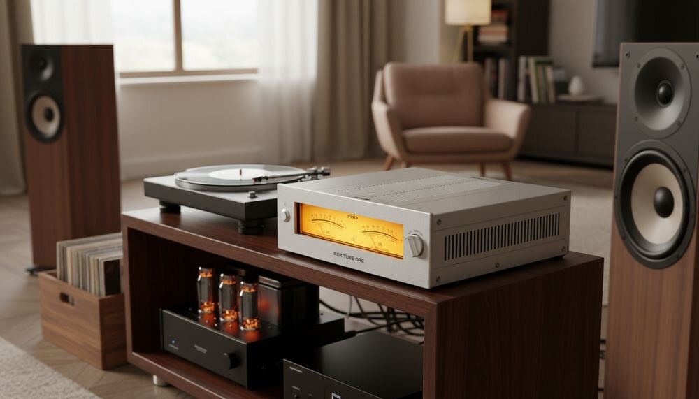 Przetwornik C/A FIIO Warmer R2R autorski DAC R2R 24-bit 192 rezystory dokładność 0,1%, urządzenie na komodzie w pomieszczeniu