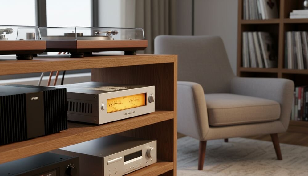 Przetwornik C/A FIIO Warmer R2R dwa analogowe wskaźniki VU podświetlenie LED styl vintage, urządzenie na komodzie w pomieszczeniu