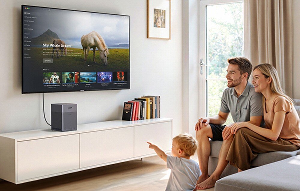 W salonie na białej szafce stoi serwer plików obok kilku książek. Na ścianie wisi telewizor z wyświetlonym menu i obrazem przedstawiającym konia na łące.