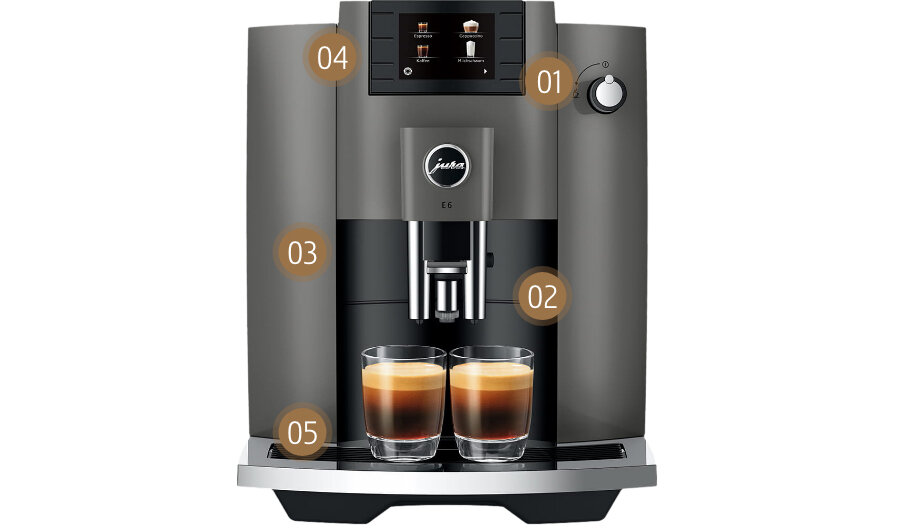 Ekspres JURA E6 Dark Inox (EC) zalety atuty jednostka zaparzajaca Proces Ekstrakcji Pulsacyjnej Proces Ekstrakcji Pulsacyjnej (P.E.P.®) capuccino czytelny wyswietlacz kolorowy 2,8 cala 11 secjałów kawowych