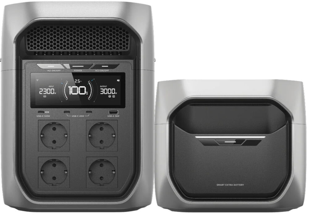 Bateria ECOFLOW Delta 3 Max Plus, akumulator, pojemość, stacja, system, Stacja zasilania EcoFlow przedstawiona obok dodatkowej baterii na białym tle.