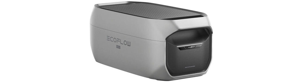 Bateria ECOFLOW Delta 3 Max Plus, sprzęt, ochrona, dom, awaria, Srebrna bateria dodatkowa EcoFlow ukazana z perspektywy na białym tle.