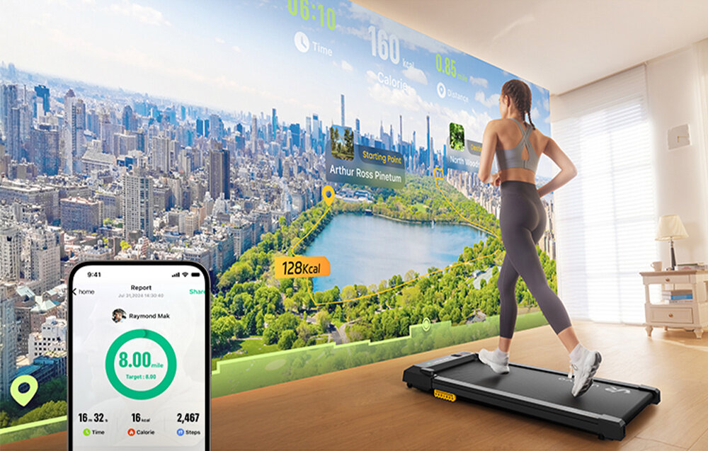 Bieżnia elektryczna UREVO Spacewalk E1L 1865W 6.4 km-h pokój osoba idzie na bieżni na ścianie wyświetlane dane z telefonu trening w domu aktywność zdrowie