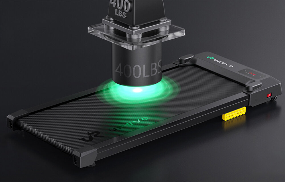 Bieżnia elektryczna UREVO Spacewalk E1L 1865W 6.4 km-h zbliżenie na pas biegowy funkcja Real-Time Global Competition porównywanie swoich wyników z użytkownikami z całego świata tryb AI RhythmFit dopasowuje muzykę do tempa biegu