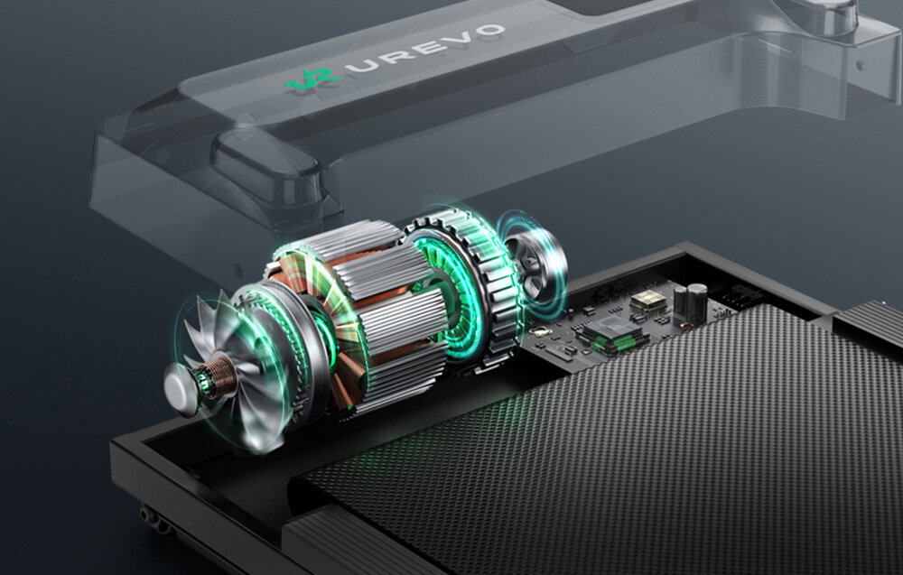 Bieżnia elektryczna UREVO Spacewalk E1L 1865W 6.4 km-h zbliżenie na silnik czytelny panel LED stały podgląd parametrów pilot pozwala na szybką zmianę ustawień w trakcie ćwiczeń trening z prędkością do 6,4 km/h pas bieżny o wymiarach 38 x 90 cm