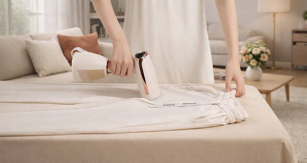 Osoba używa parownicy do ubrań na białych spodniach leżących na stole. W tle widać sofę z poduszkami i stolik z kwiatami.