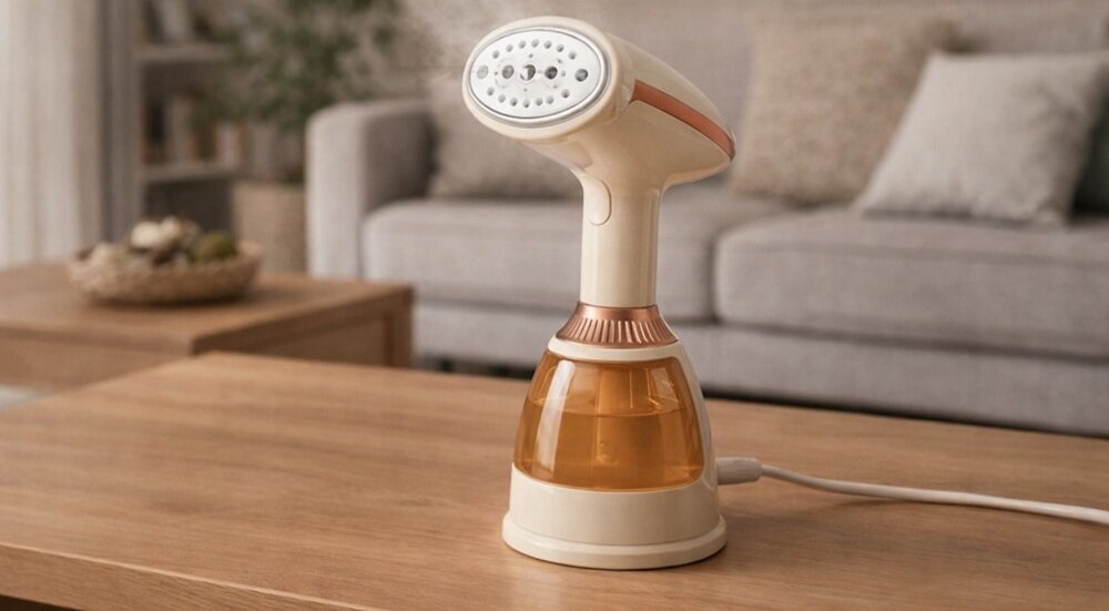 Na drewnianym stole stoi parownica do ubrań w kolorze beżowym z przezroczystym, pomarańczowym zbiornikiem na wodę. W tle widoczna jest kanapa z poduszkami.