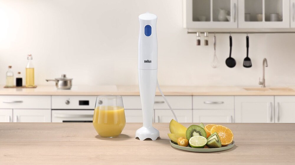 Blender BRAUN MultiQuick 1 MQ10.000P PWH końcówka PowerBell, skuteczne rozdrabnianie, mniejsze rozpryskiwanie, bez bałaganu, równomierne blendowanie