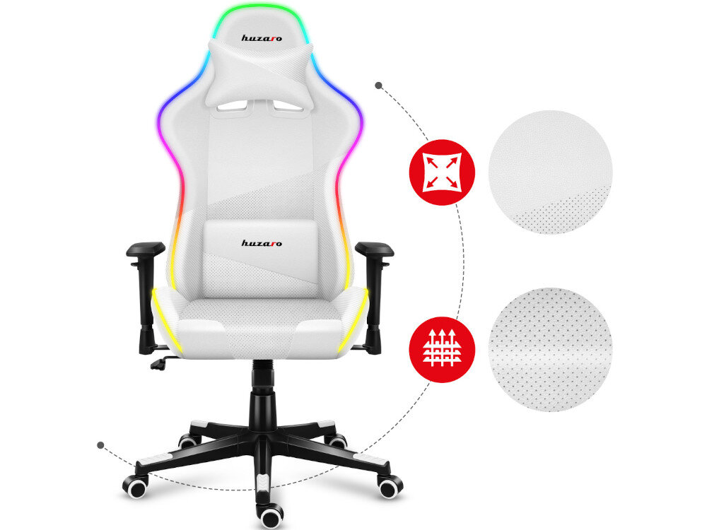 Fotel HUZARO Force 6.2 RGB Biały materiały obicie pianka odkształcenia wentylacja