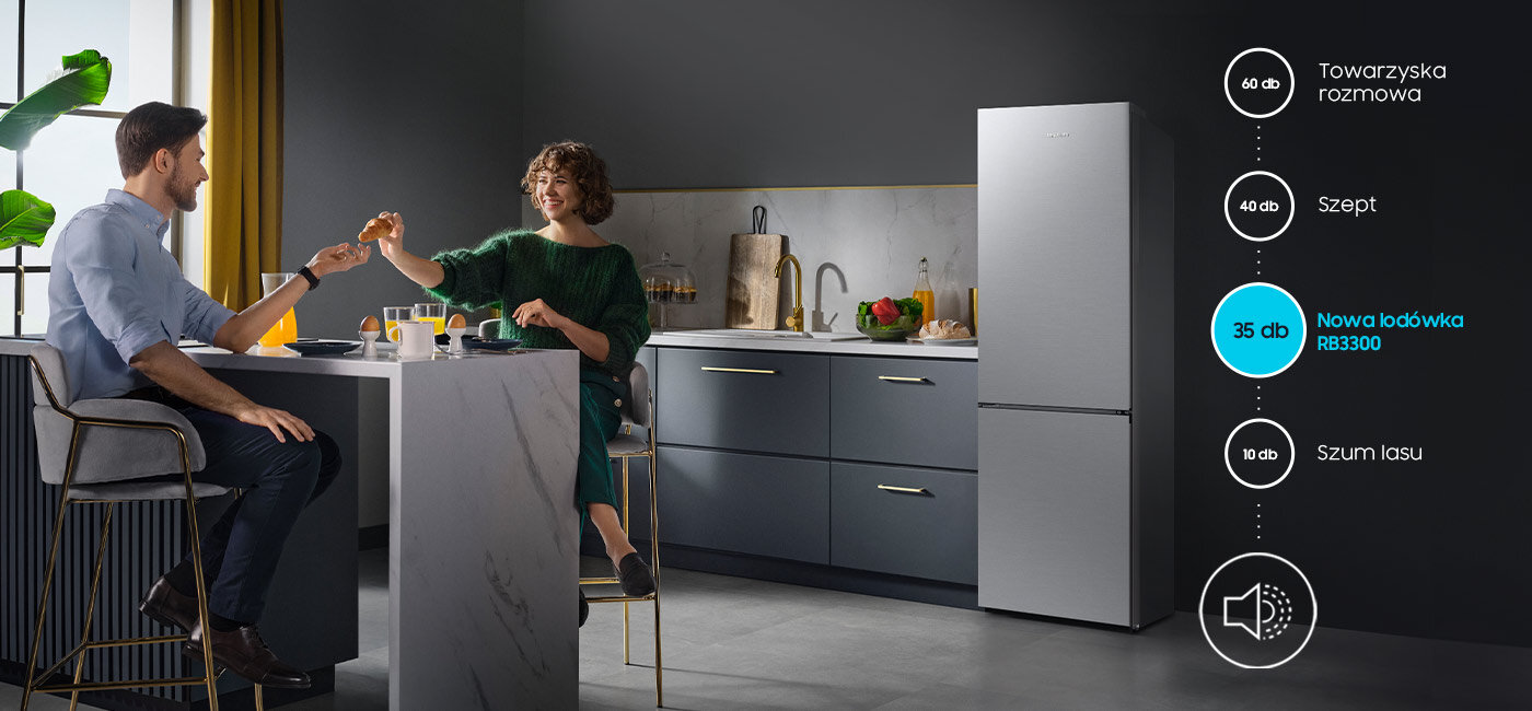 Naniesiony na zdjęcie lodówki Samsung RB33B612ESA wykres pokazuje jej niezwykle cichą pracę Naniesiony na zdjęcie lodówki Samsung RB33B612ESA wykres pokazuje jej niezwykle cichą pracę