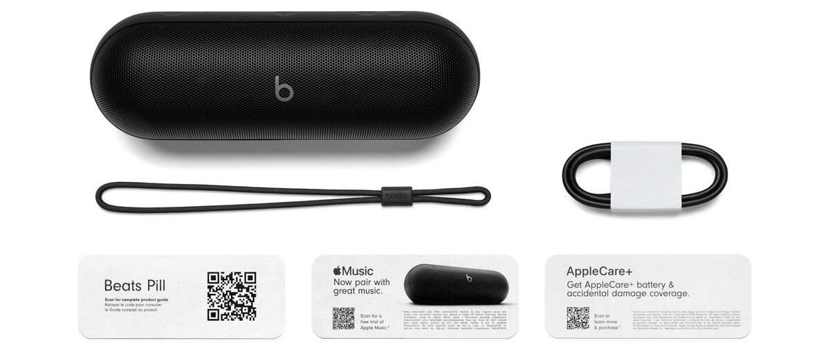 Bezprzewodowy głośnik Bluetooth Beats Pill w kolorze czarnym, odczepiany sznurek do przenoszenia, przewód USB-C / USB-C, skrócona instrukcja obsługi, karta gwarancyjna