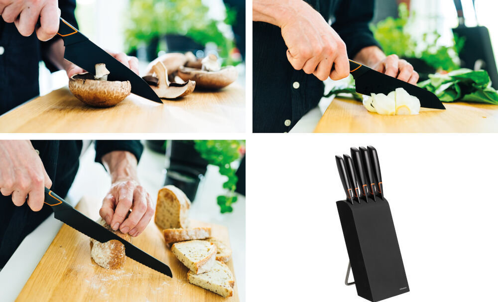 Zestaw noży FISKARS Edge 1003099 (6 elementów) blok z drewna brzozowego eleganckie funkcjonalne rozwiązanie naturalny ciepły wygląd drewna łaczy się ze stylowym designem noży ustawiony na blacie dodanie uroku zamontowany na ścianie oszczędność miejsca