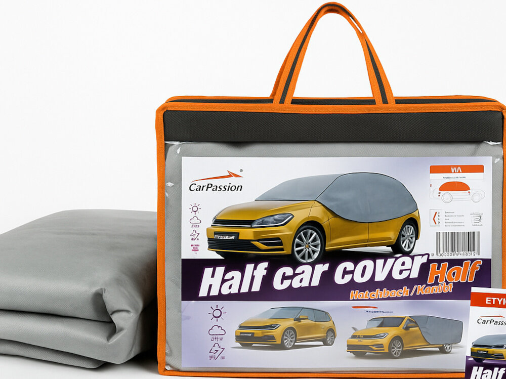 Pokrowiec na samochód CARPASSION Half 10017 (rozmiar M-L) zestaw na białym tle w zestawie pokrowiec etykieta instrukcja torba