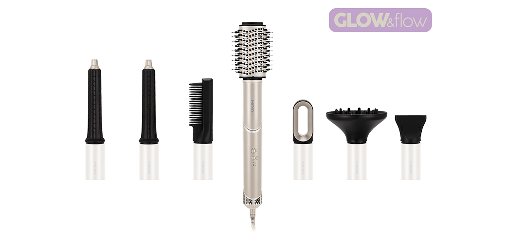 Suszarko-lokówka 7 w 1 MLW-26 i różne końcówki do stylizacji włosów.