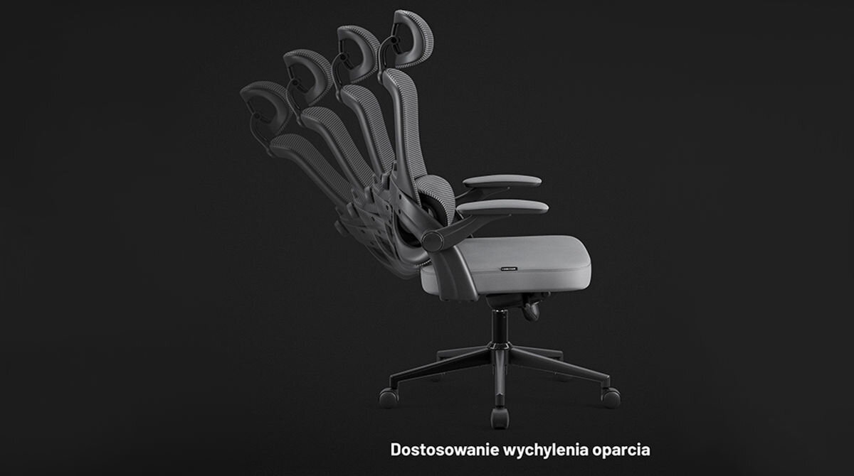 Obraz przedstawia szary fotel biurowy z regulowanym oparciem, pokazanym w kilku pozycjach nachylenia. Na dole widoczny jest napis: \'Dostosowanie wychylenia oparcia\'.