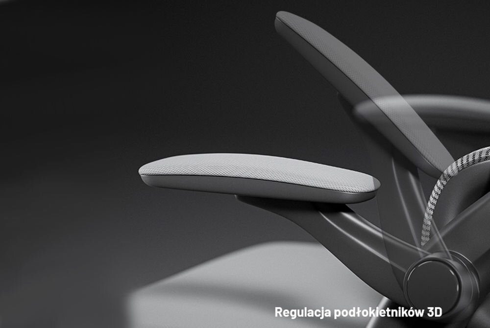 Obraz przedstawia szary podłokietnik fotela z możliwością regulacji 3D. W prawym dolnym rogu widoczny jest tekst: \'Regulacja podłokietników 3D\'.