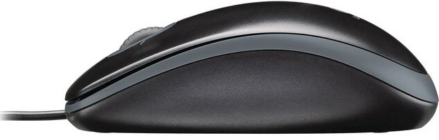 Czarna mysz komputerowa z widocznym kablem i rolką przewijania. Obudowa ma gładką powierzchnię z delikatnym, szarym akcentem wzdłuż boku.