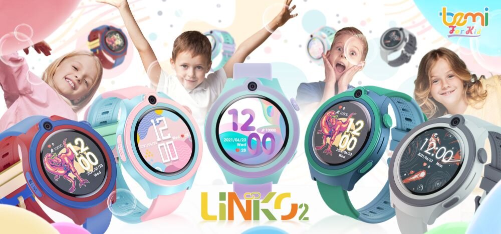 Smartwatch BEMI Linko 2 - kilka kolorow smartwatchy i dzieci w tle - ekran bateria czujniki zdrowie sport pasek ładowanie pojemność rozdzielczość łączność sterowanie krew puls rozmowy smartfon aplikacja