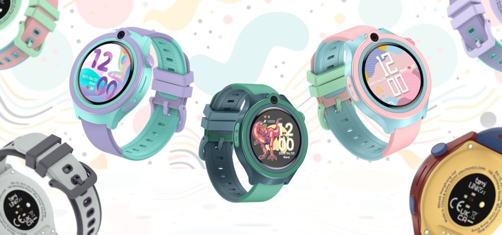 Smartwatch BEMI Linko 2 - kolorowe smartwatche z widocznymi tarczami i paskami oraz ekranem - ekran, koperta, plaski, pixart