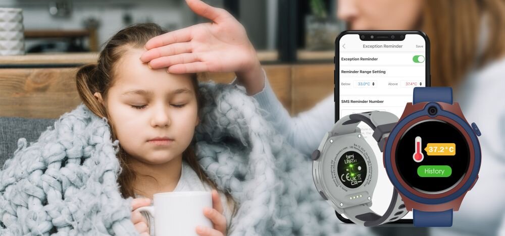 Smartwatch BEMI Linko 2 - dziecko owiniete w koc z objawami temperatury - termometr, aplikacja, probnik, czas rzeczywisty