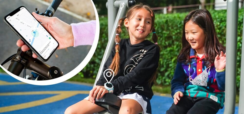 Smartwatch BEMI Linko 2 - czas rzeczywisty sledzenie, zasieg, ochrona, wzrok, sledzenie lokalizacji - dziewczynki na placu zabaw, smartfon z widoczna lokalizacja