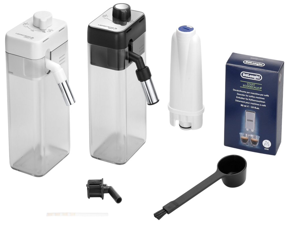 Akcesoria do ekspresu De'Longhi Eletta Ultra: karafki LatteCrema Hot i Cool, filtr wody, odkamieniacz EcoDecalk, tacka na lód, miarka do kawy mielonej i pasek testowy twardości wody