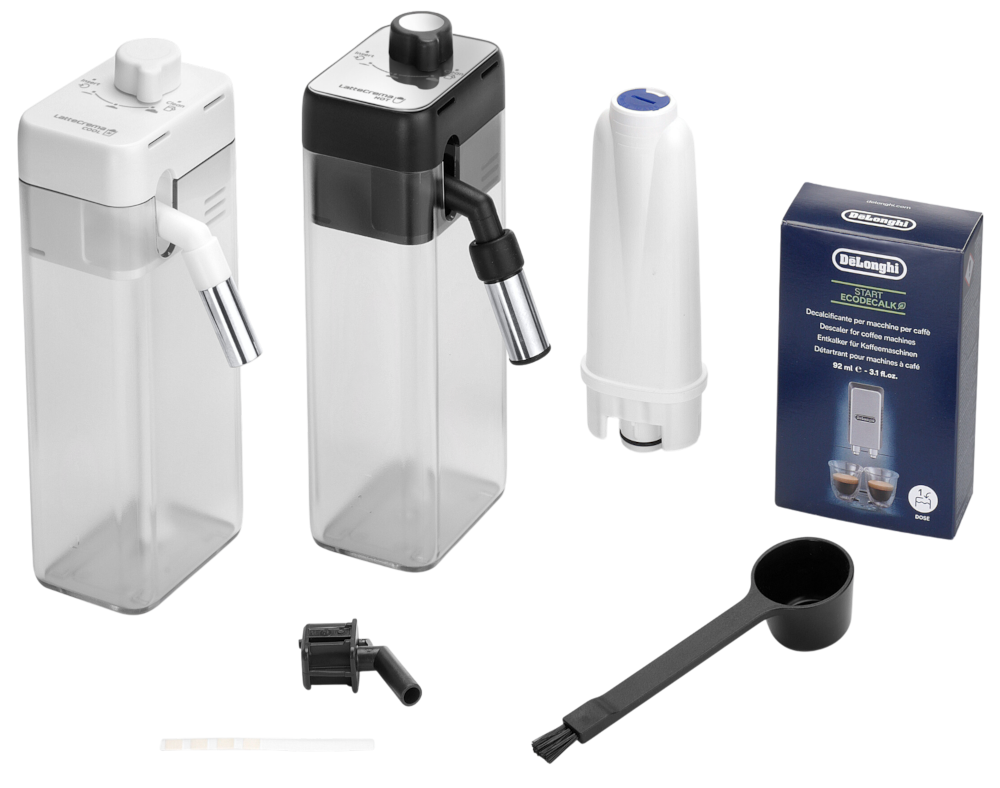 Akcesoria do ekspresu De'Longhi Eletta Ultra: karafki LatteCrema Hot i Cool, filtr wody, odkamieniacz EcoDecalk, tacka na lód, miarka do kawy mielonej i pasek testowy twardości wody