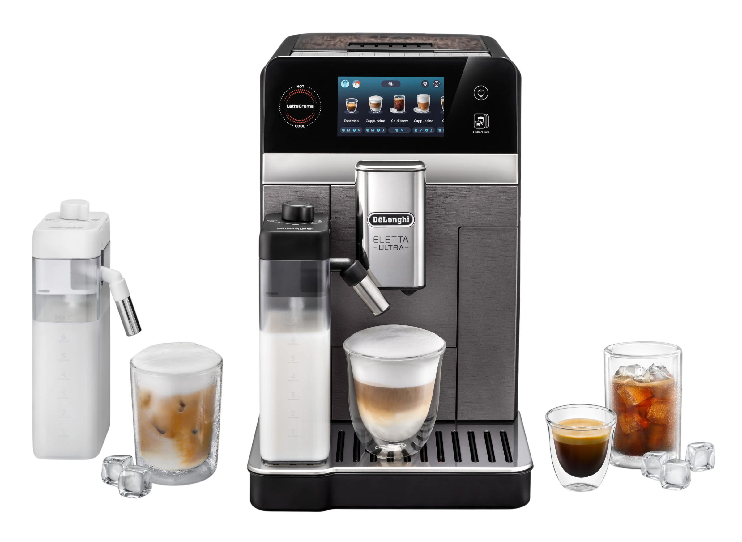 Ekspres do kawy z wyświetlaczem dotykowym, na którym widoczne są różne opcje napojów, oraz logo \'DeLonghi Eletta Ultra\'. Obok ekspresu znajdują się pojemniki na mleko i różne szklanki z napojami kawowymi oraz kostki lodu.