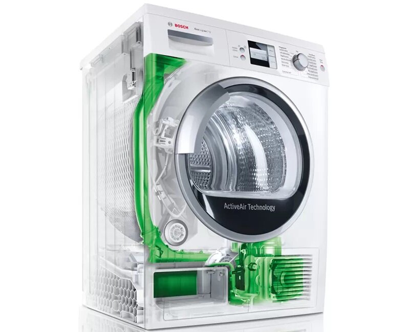 Obraz przedstawia suszarkę z przezroczystą obudową, ukazującą wewnętrzne elementy urządzenia. Na froncie widoczne jest logo \'BOSCH\' oraz napis \'ActiveAir Technology\'.