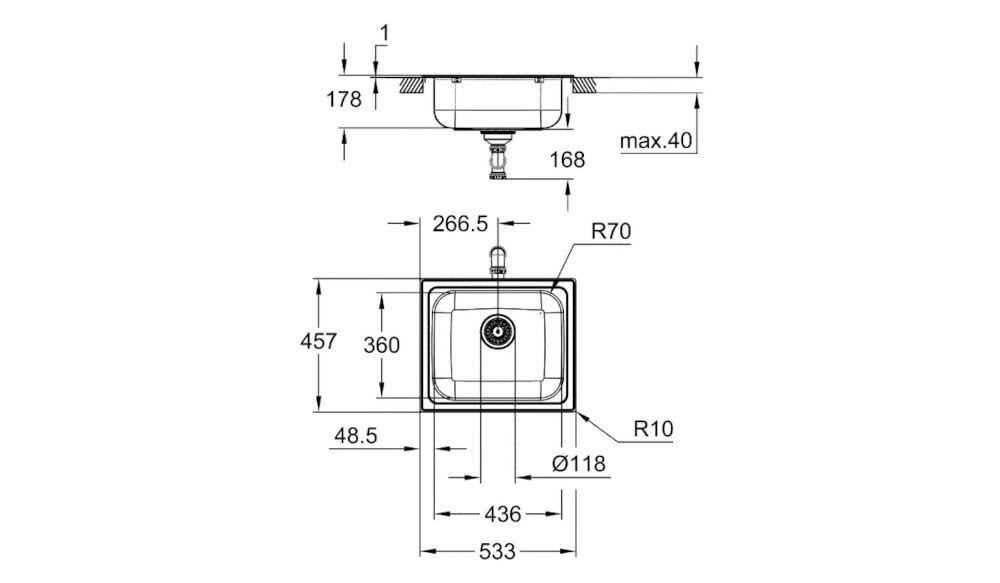 Zlewozmywak jednokomorowy GROHE K200 31719SD0 Stal szlachetna Na rysunku technicznym przedstawiono zlewozmywak jednokomorowy z ociekaczem wraz z wymiarami całkowitymi i montażowymi. Widok z góry i z boku pokazuje m.in. szerokość 860 mm, głębokość komory 175 mm, promienie zaokrągleń oraz średnice otworów pod baterię i odpływ zdjęcie rysunek techniczny wymiary