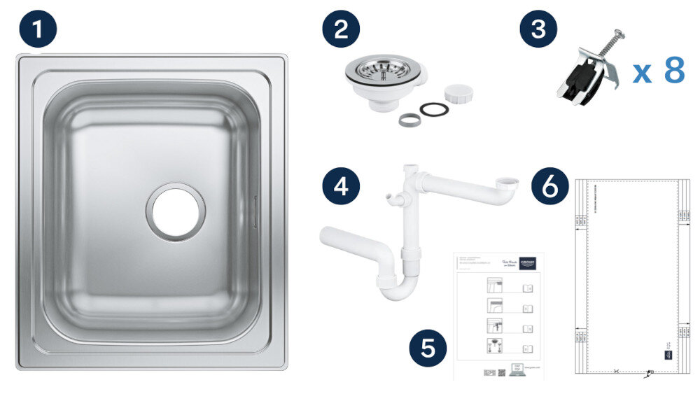 Zlewozmywak jednokomorowy GROHE K200 31719SD0 Stal szlachetna Na zdjęciu przedstawiono kompletny zestaw montażowy do zlewozmywaka, obejmujący sam stalowy zlewozmywak z ociekaczem, korek z korkiem automatycznym, syfon, odpływ oraz 14 zaczepów mocujących. Po prawej stronie widoczne są również instrukcja montażu i papierowy szablon wycięcia otworu w blacie