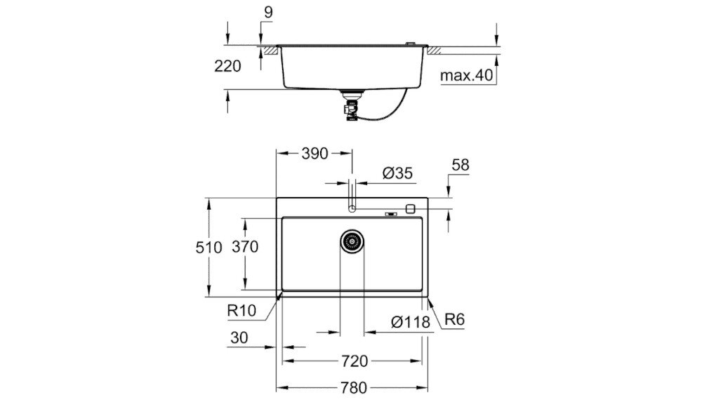 Zlewozmywak jednokomorowy GROHE K700 80-C 78/51 1.0 31652AP0 rysunek techniczny wymiary