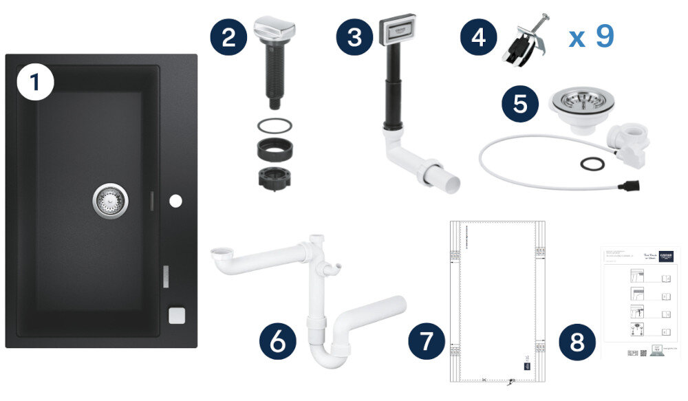 Zlewozmywak jednokomorowy GROHE K700 80-C 78/51 1.0 31652AP0 Grafika przedstawia czarny zlewozmywak z jedną komorą oraz wszystkie elementy montażowe wchodzące w skład zestawu. Poszczególne części, takie jak syfon, odpływ, pokrętło czy szablon montażowy, zostały ponumerowane i rozmieszczone wokół zlewu