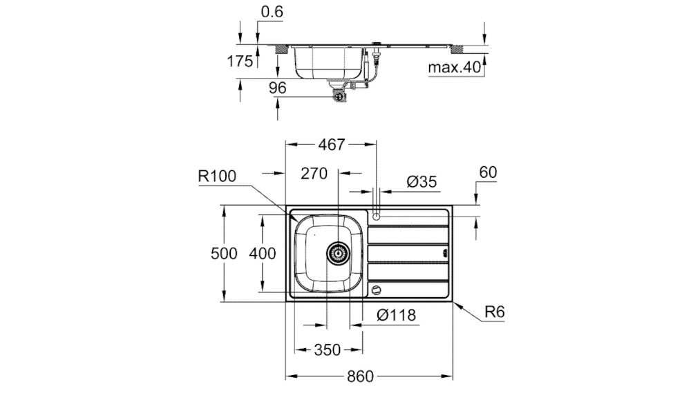 Zlewozmywak jednokomorowy z ociekaczem GROHE K200 31552SD1 Stal szlachetna Na rysunku technicznym przedstawiono zlewozmywak jednokomorowy z ociekaczem wraz z wymiarami całkowitymi i montażowymi. Widok z góry i z boku pokazuje m.in. szerokość 860 mm, głębokość komory 175 mm, promienie zaokrągleń oraz średnice otworów pod baterię i odpływ zdjęcie rysunek techniczny wymiary
