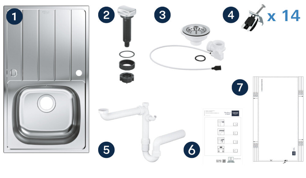 Zlewozmywak jednokomorowy z ociekaczem GROHE K200 31552SD1 Stal szlachetna Na zdjęciu przedstawiono kompletny zestaw montażowy do zlewozmywaka, obejmujący sam stalowy zlewozmywak z ociekaczem, korek z korkiem automatycznym, syfon, odpływ oraz 14 zaczepów mocujących. Po prawej stronie widoczne są również instrukcja montażu i papierowy szablon wycięcia otworu w blacie