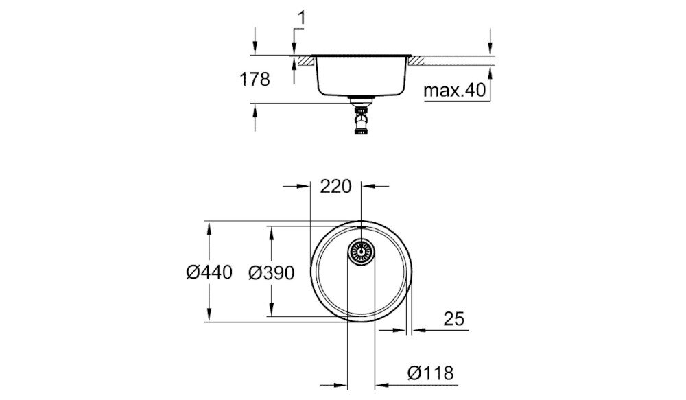 Zlewozmywak jednokomorowy GROHE K200 31720SD0 Stal szlachetna Na rysunku technicznym przedstawiono zlewozmywak jednokomorowy z ociekaczem wraz z wymiarami całkowitymi i montażowymi. Widok z góry i z boku pokazuje m.in. szerokość 860 mm, głębokość komory 175 mm, promienie zaokrągleń oraz średnice otworów pod baterię i odpływ zdjęcie rysunek techniczny wymiary