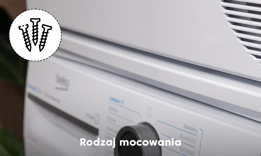 ŁĄCZNIK BEKO PCSKW Ujęcie zestawu pralka + suszarka Beko pokazuje miejsce łączenia obu urządzeń, a w lewym górnym rogu znajduje się okrągła ikona z trzema wkrętami. Na dole widnieje podpis „Rodzaj mocowania”, sugerujący, że grafika dotyczy sposobu przykręcania łącznika stabilizującego suszarkę na pralce montaż mechaniczny wkręty stabilne połączenie pralka suszarka bezpieczeństwo