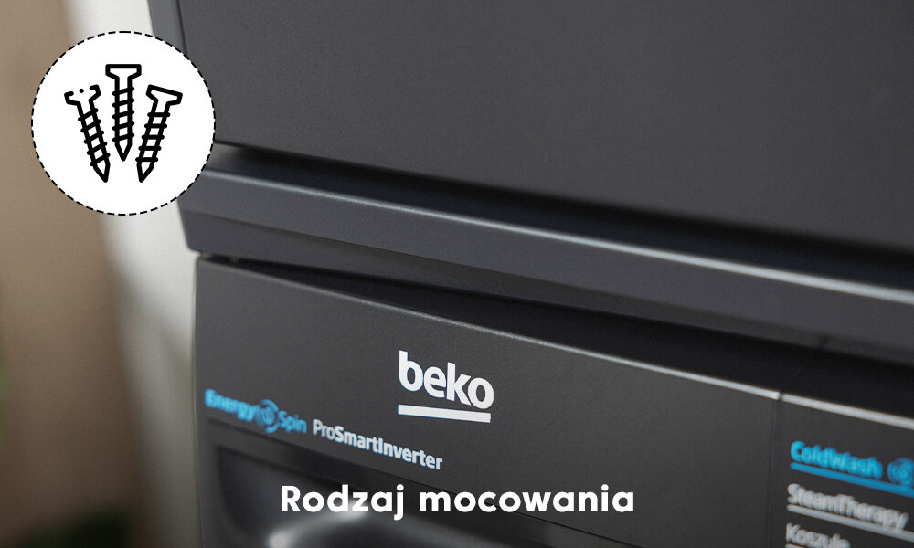 Na obrazie widoczny jest fragment urządzenia z logo \'beko\' oraz napisami \'EnergySpin ProSmartInverter\' i \'Rodzaj mocowania\'. W lewym górnym rogu znajduje się ikona z trzema śrubami.