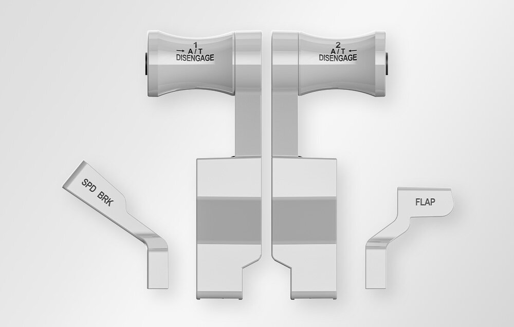 Moduł przepustnicy MOZA RACING AS015 TQB, przepustnica, moduł, kontrola, autentyczność, render 3D uchwytu biurkowa do monitorów gamingowych SPK FLAP z dwoma ruchomymi ramionami, przezroczystymi cylindrami gazowymi, wspornikami SPD BRK i FLAP w kolorze srebrnym, rozłożony na białym tle.