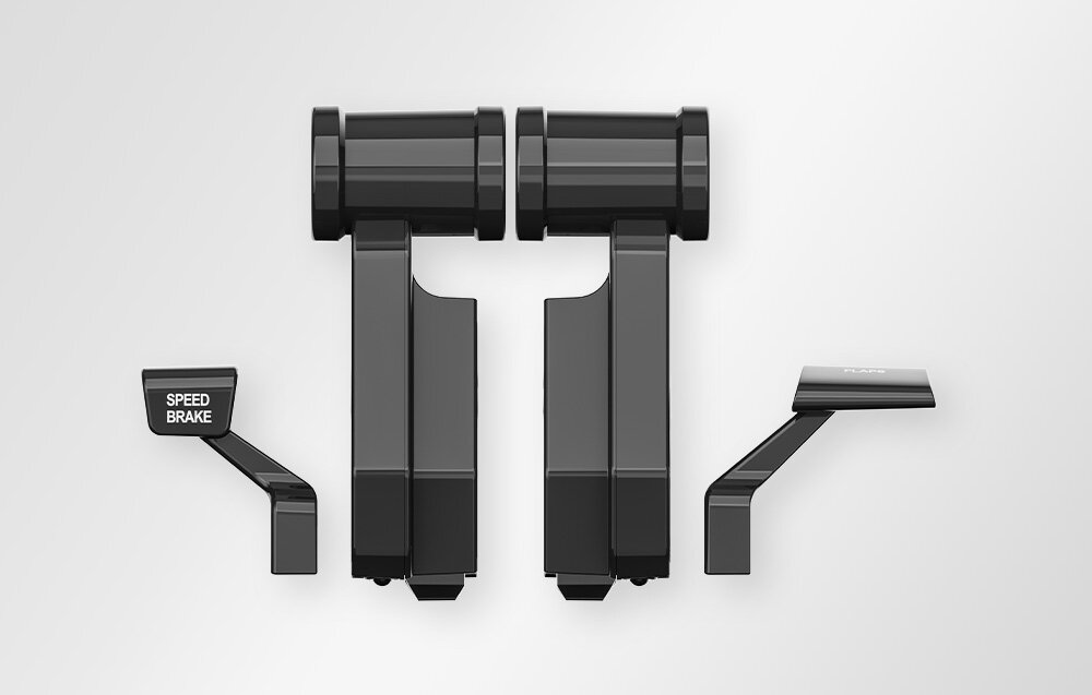 Moduł przepustnicy MOZA RACING AS016 TQA, dźwignie, flaps, speedbrake, kontrola, SPK Speed Brake na biurku gamingowym z RGB.
