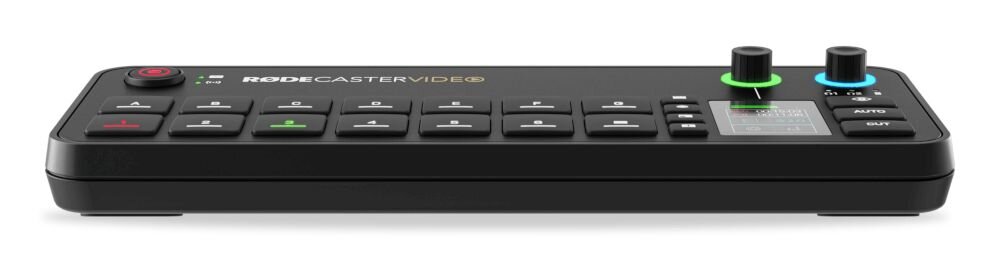 Mikser audio RODE Rodecaster Video - mikser na bialym tle, widok z przodu, kamera, polaczenia, urzadzenia, lacznosc